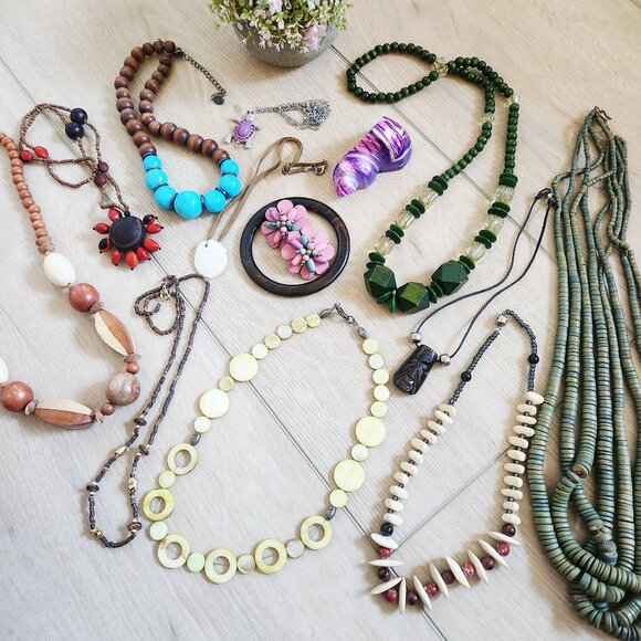 Natural Boho Wooden Beaded Bohemian Tribal Surf Carved Mixed Jewelry Lot Bundle - Picture 1 of 8